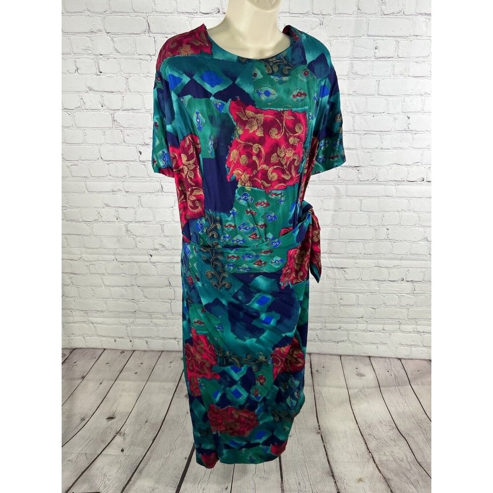 VTG Jessica Howard Colorful Shoulder Pad Front Wrap Back Zip Long Dress 22